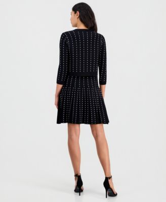 Women's Pinstripe Pleated Sweater Dress & Pinstripe Open-Front 3/4-Sleeve Cardigan