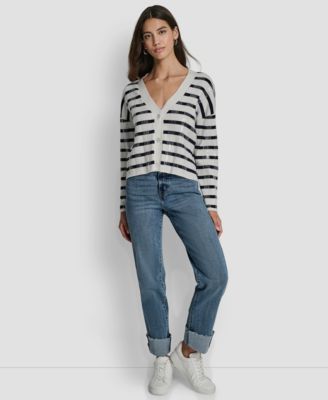 Women's Striped Sequin & Stripe V-Neck Boxy Cropped Long-Sleeve Cardigan Sweater