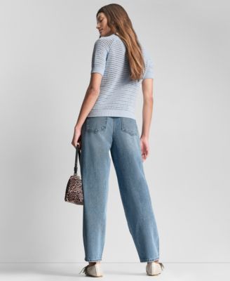 Women's Short-Sleeve Polo Collar Faux Crochet Stitch Sweater