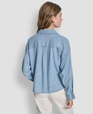 Women's Long-Sleeve Button Front Shirt With Twist Hem