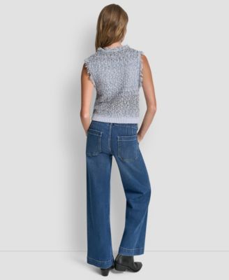 Women's Sleeveless Tweed Fringe Trimmed Sweater