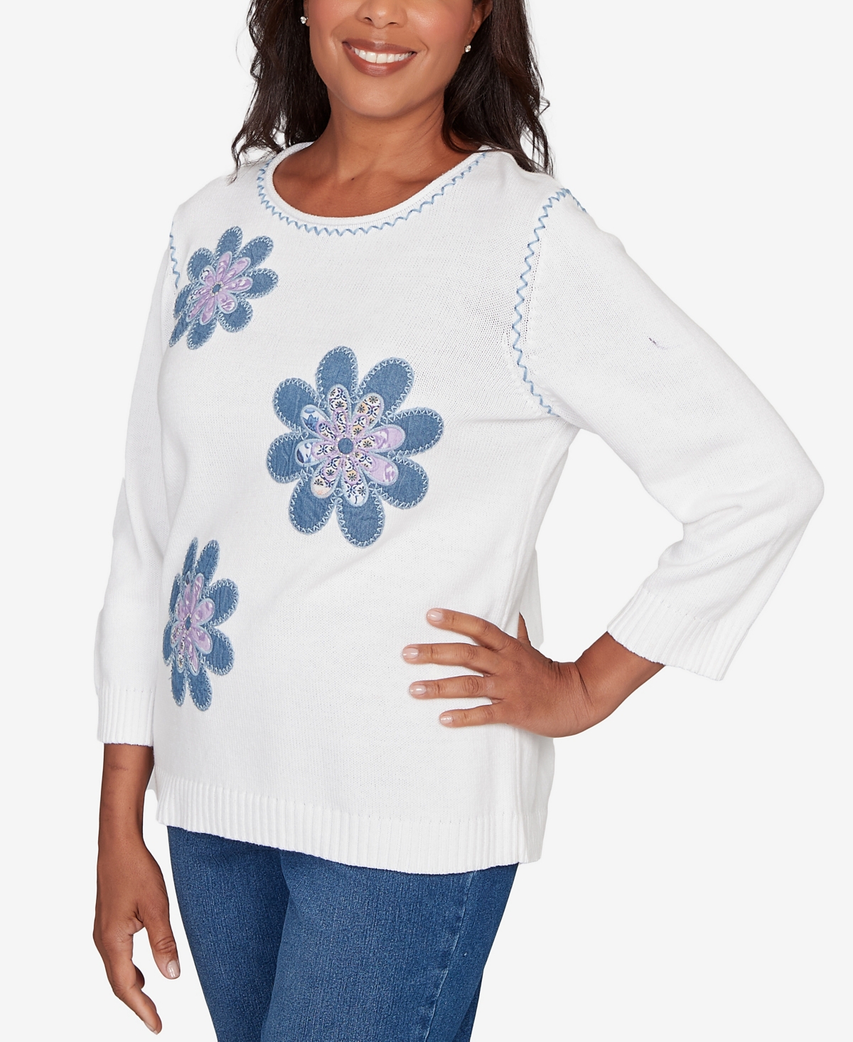 Alfred Dunner Petite Hilton Head Quilted Flower Applique Sweater