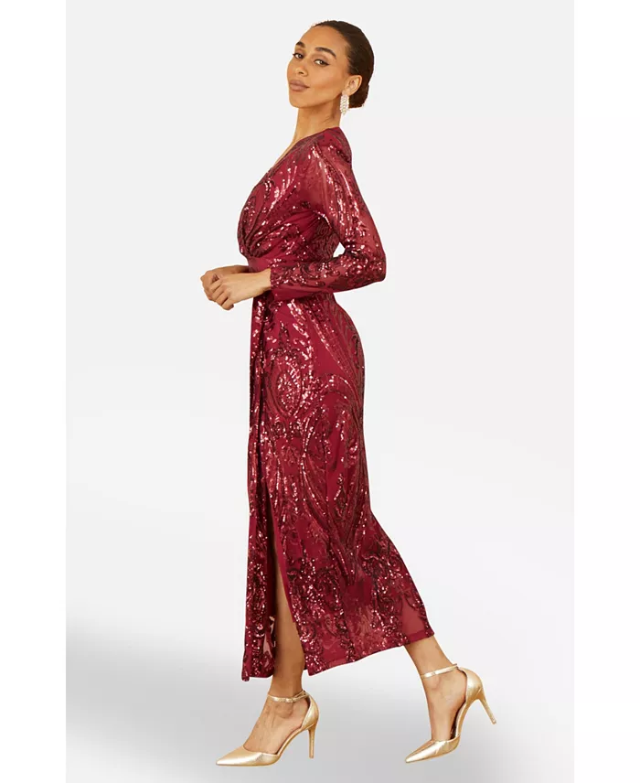 Women's Sequin Midi Long Sleeve Wrap Dress - thumbnail 7