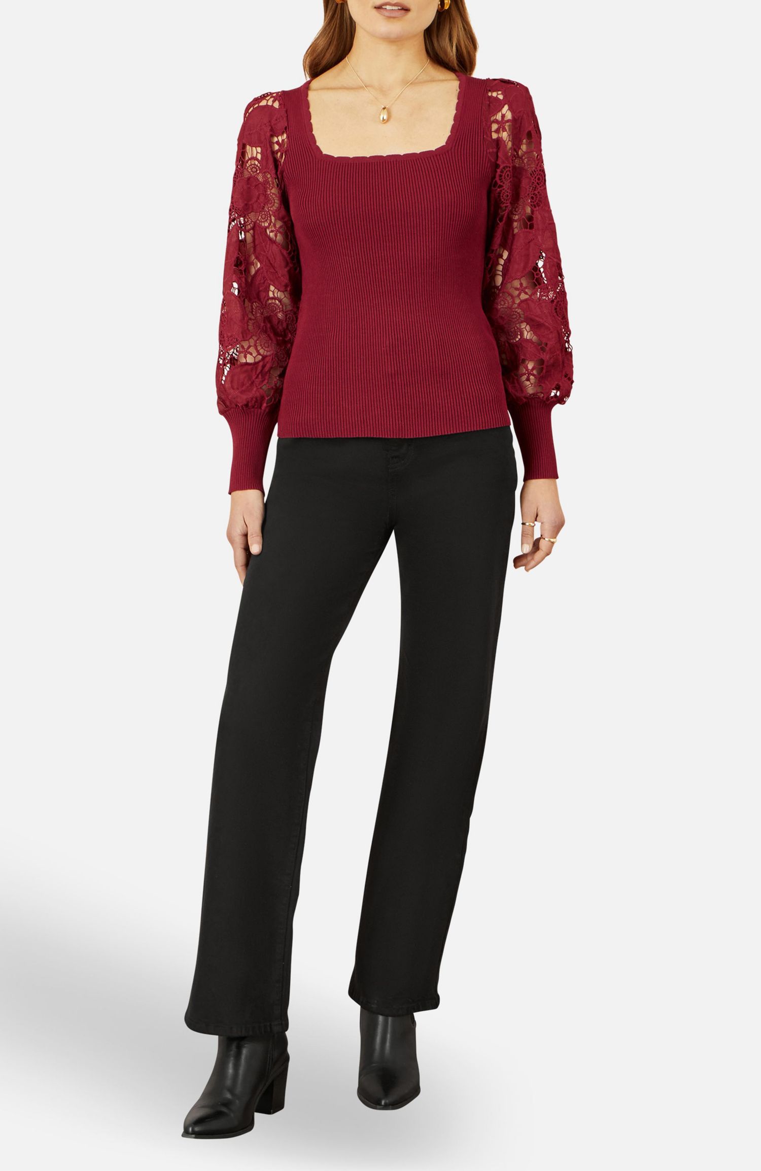 Women's Ribbed Knitted Lace Sleeve Sweater