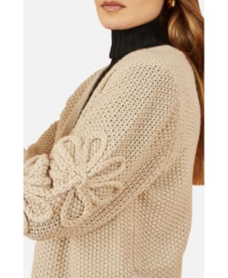 Women's Floral Sleeve Chunky Knit Open Front Long Cardigan Sweater