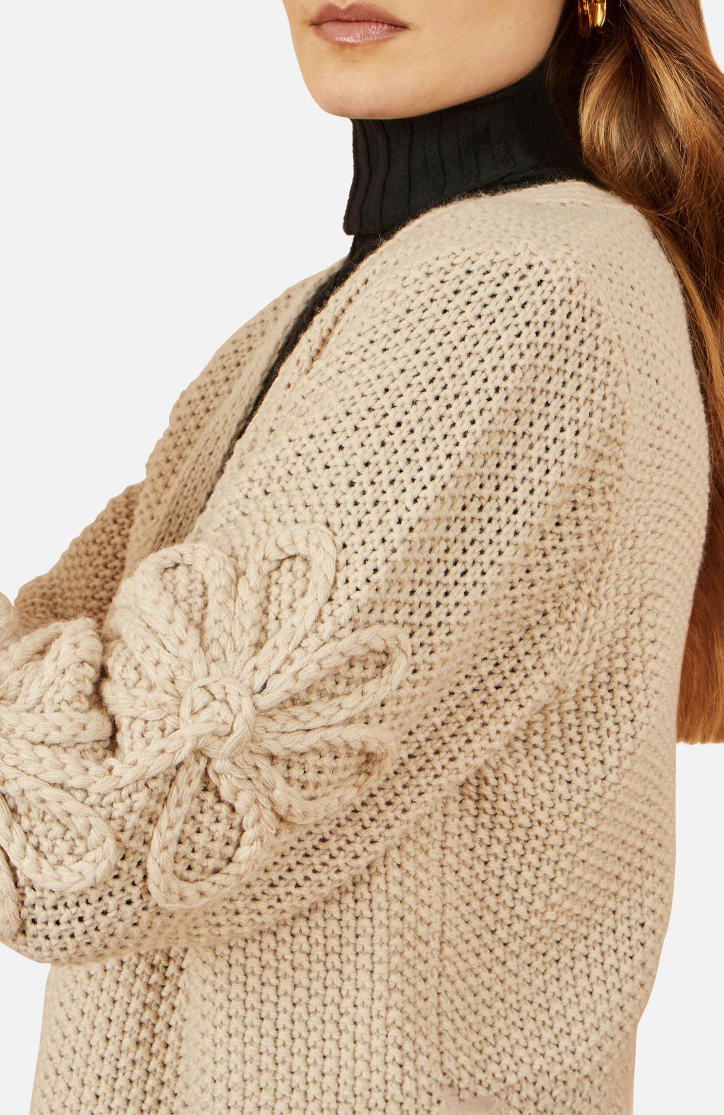 Женский кардиган Yumi Floral Sleeve Chunky Knit Open Front Long Cardigan, цвет: Бежевый — фото 8