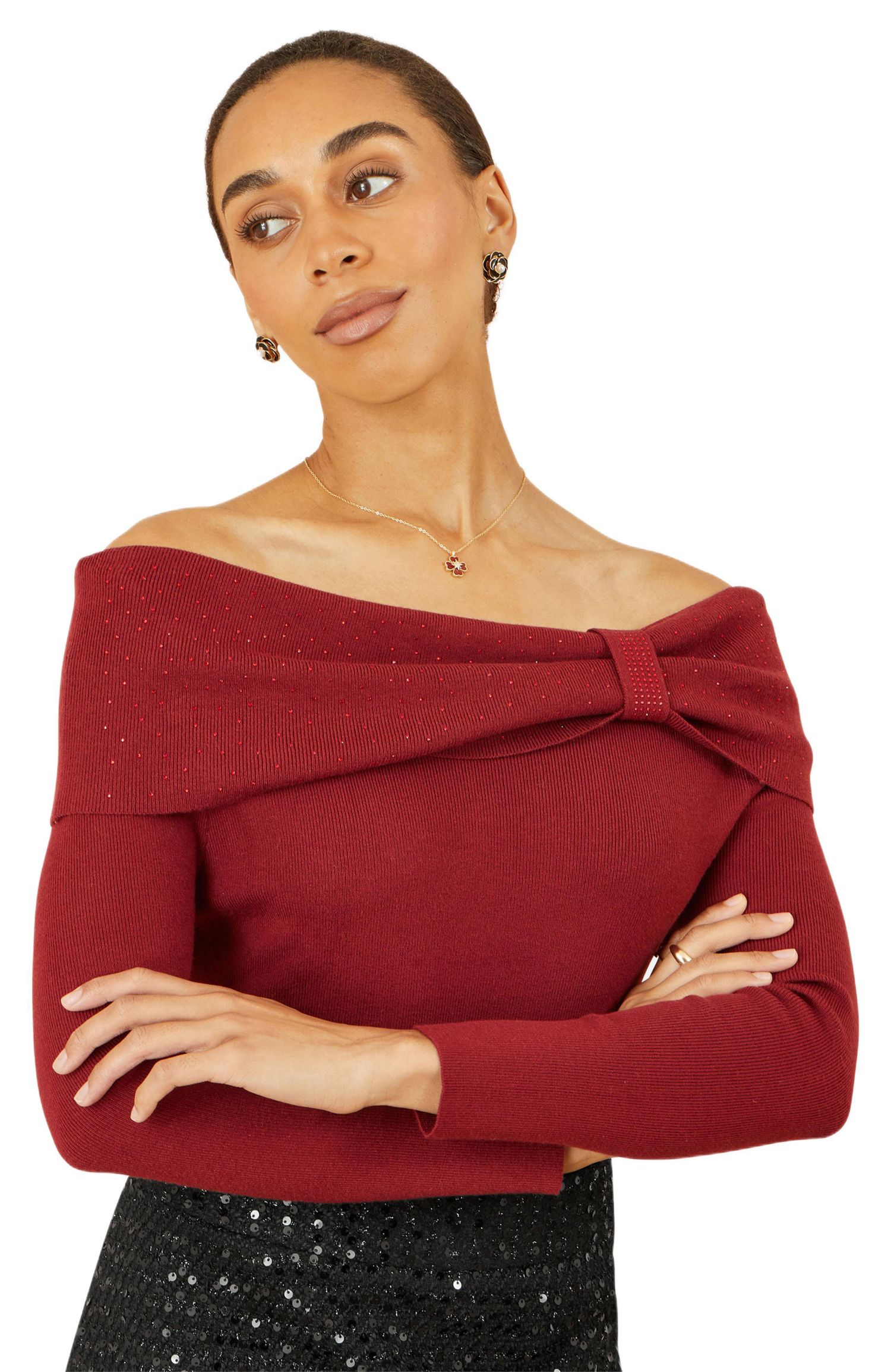 Women's Rhinestone Diamante Bardot Neck Jumper