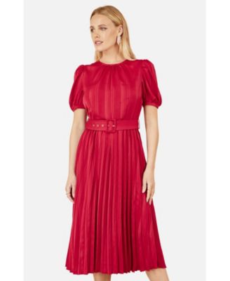 Women's Striped Satin Midi Dress Stylish Belted Partywear