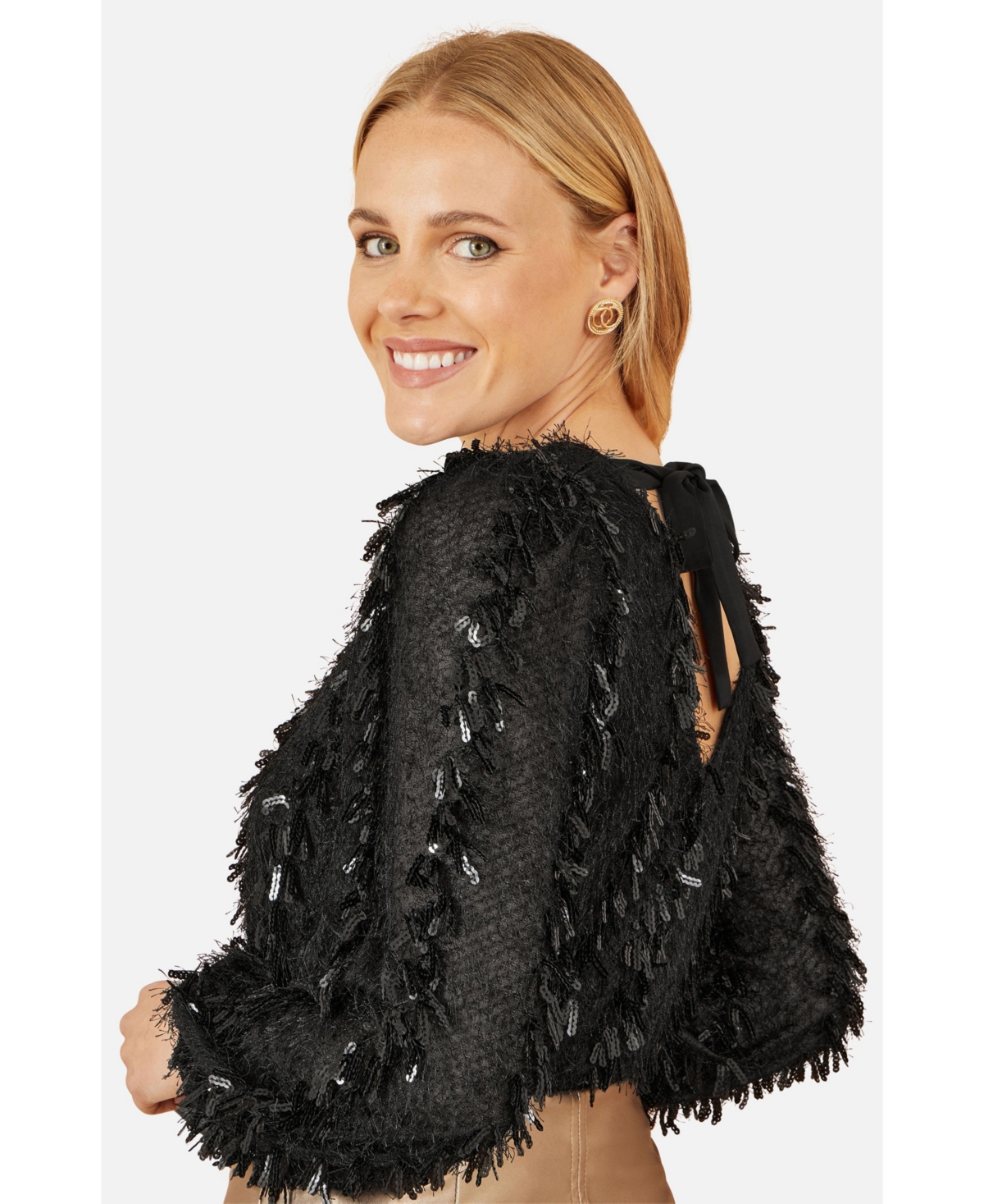 Yumi Women's Hanging Sequin Long Sleeve Top