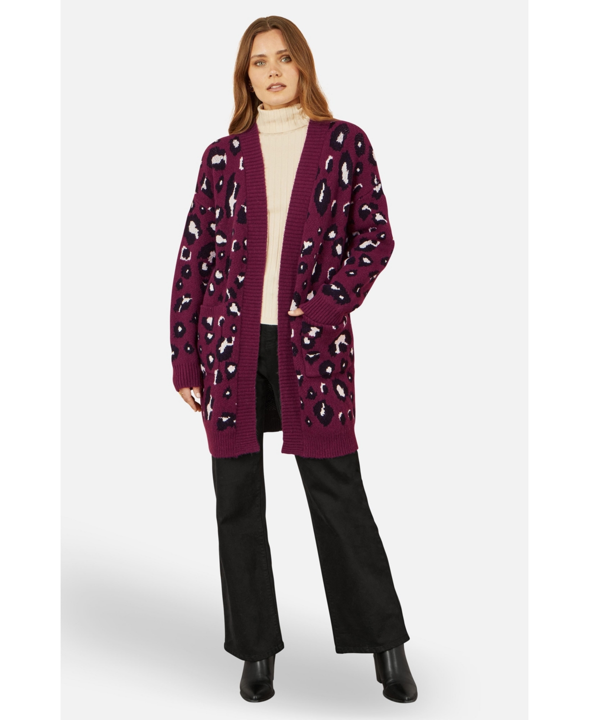Yumi Women's Animal Intarsia Long Cardigan