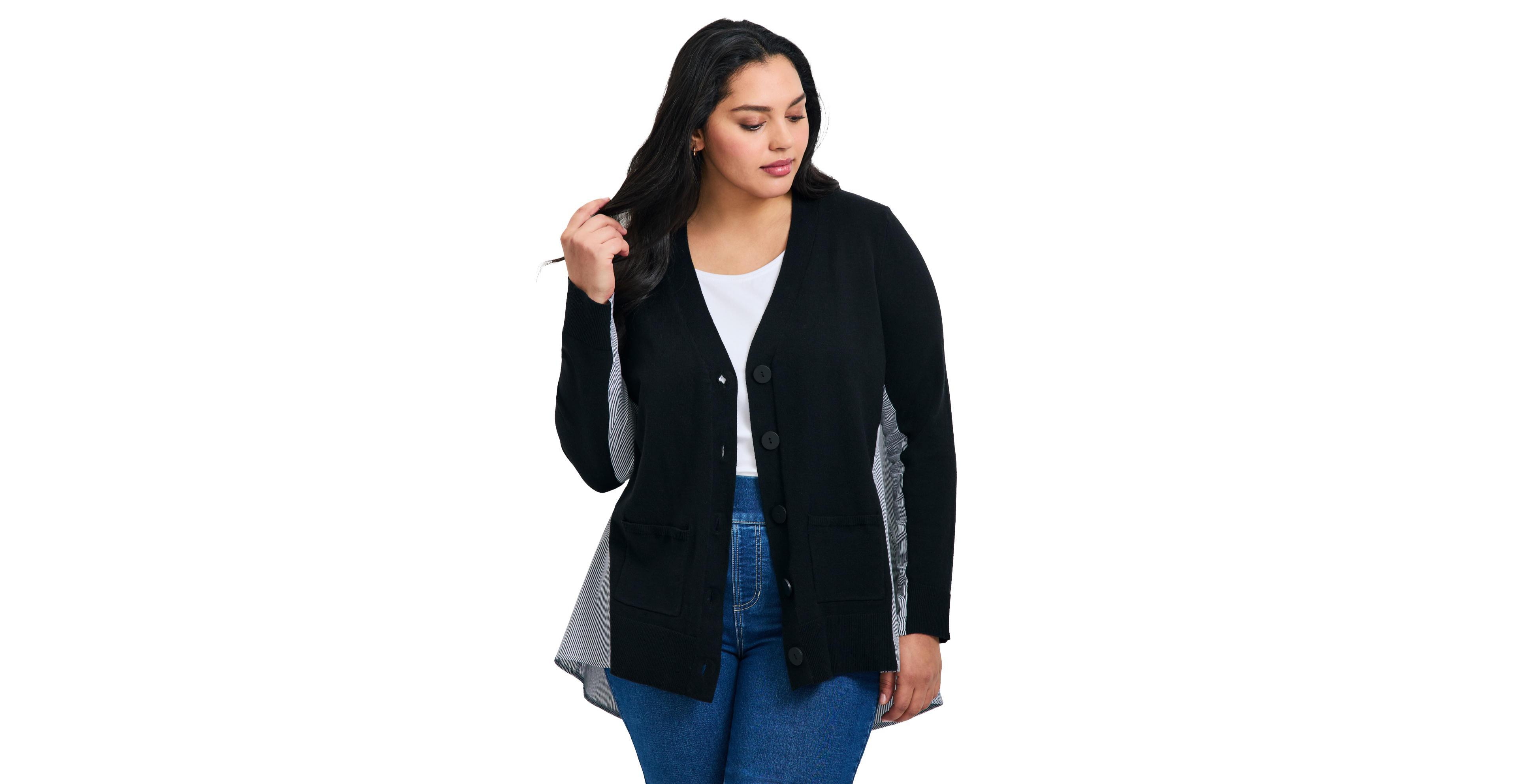 Avenue Women's Plus Ray Mix Media Button Sweater