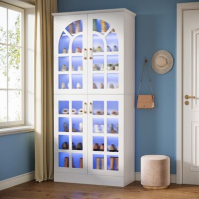 68.94" Tall Shoe Cabinet with Doors and Led Lights, 8-Tier Wooden Shoe Rack Organizer with Adjustable Shelves