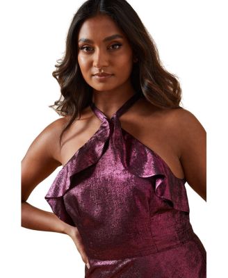 Women's Foil Halterneck Ruffle Foil Midaxi Dress