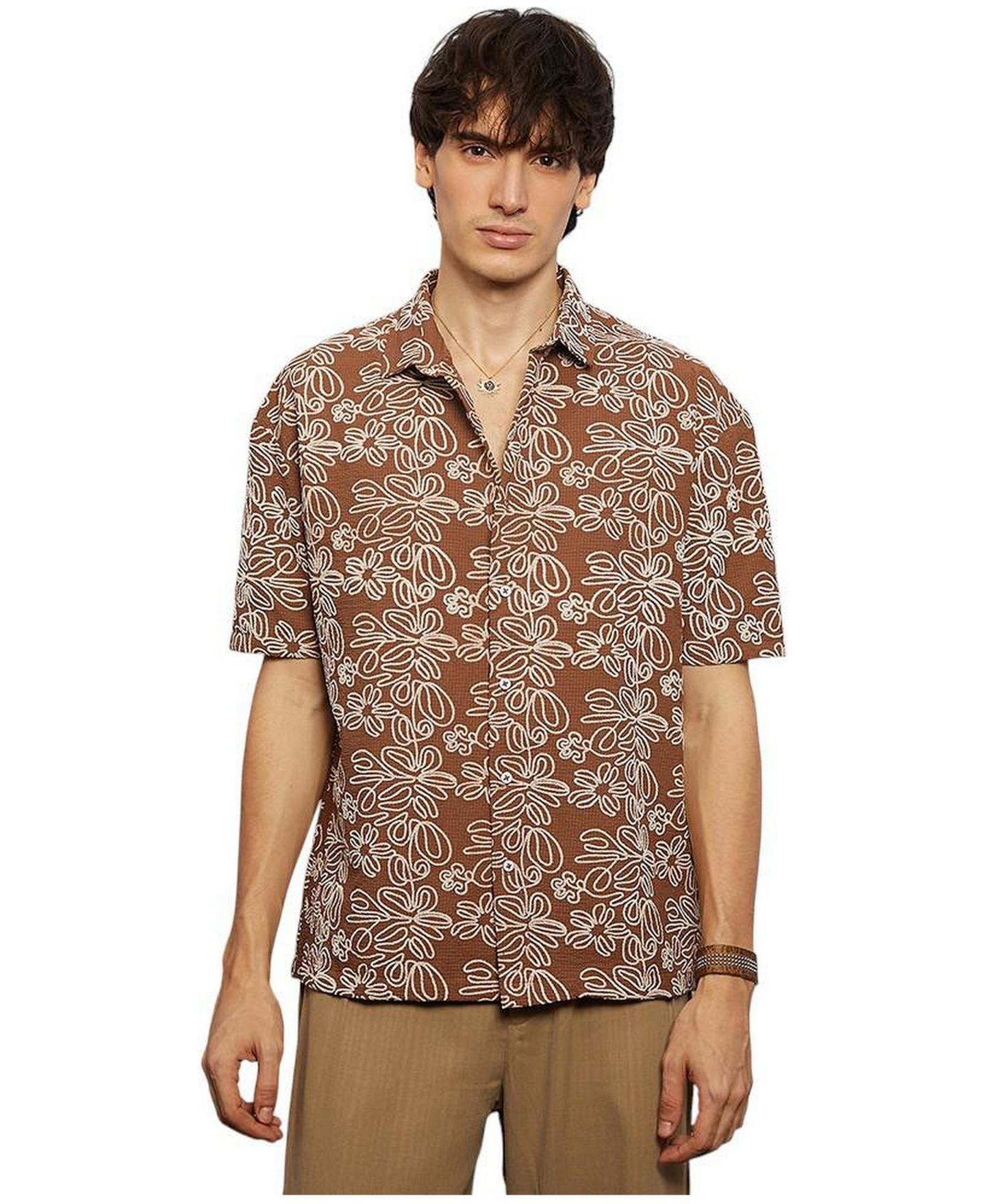 Мужская рубашка Cahoot Campus Sutra Mocha Brown Floral-Lined Oversized, цвет: Коричневый — фото 1