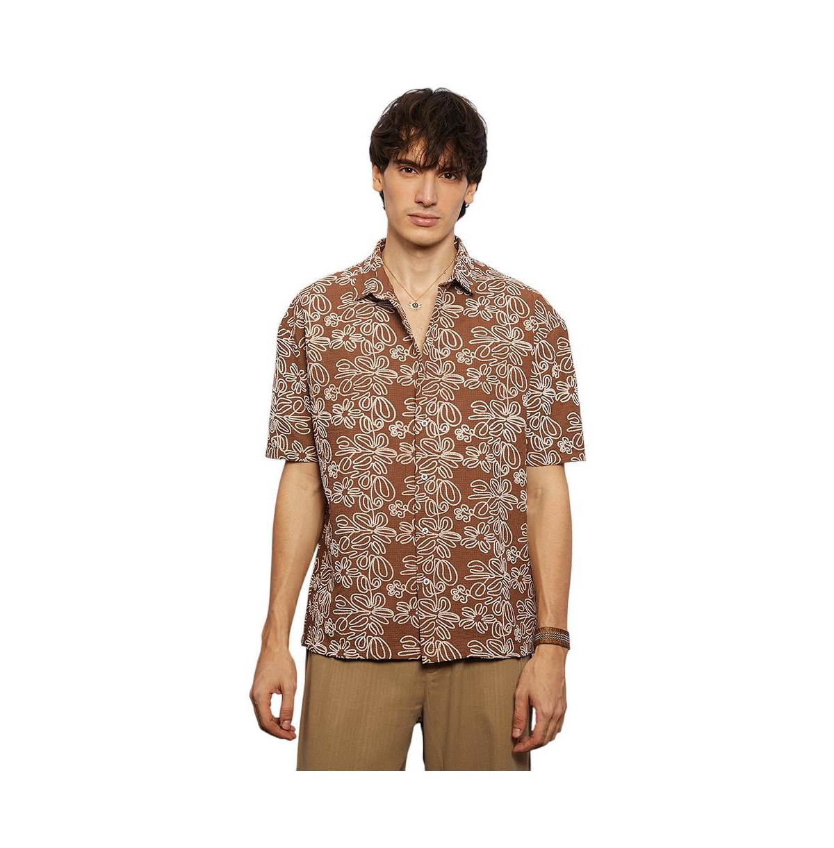 Campus Sutra Men's Mocha Brown Floral-Lined Oversized Shirt