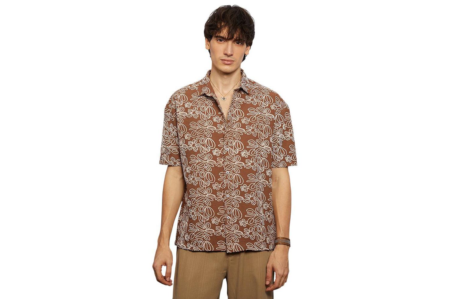 Men's Mocha Brown Floral-Lined Oversized Shirt