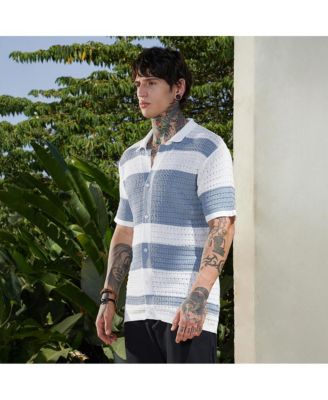 Men's Icy Blue & Daisy White Panel-Knit Relaxed Shirt