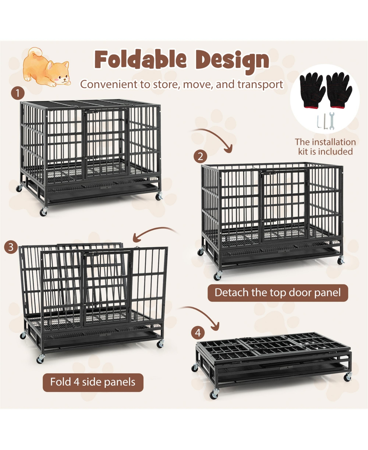Gymax 38'' Foldable Heavy-Duty Metal Dog Cage W/ Lockable Rolling Casters