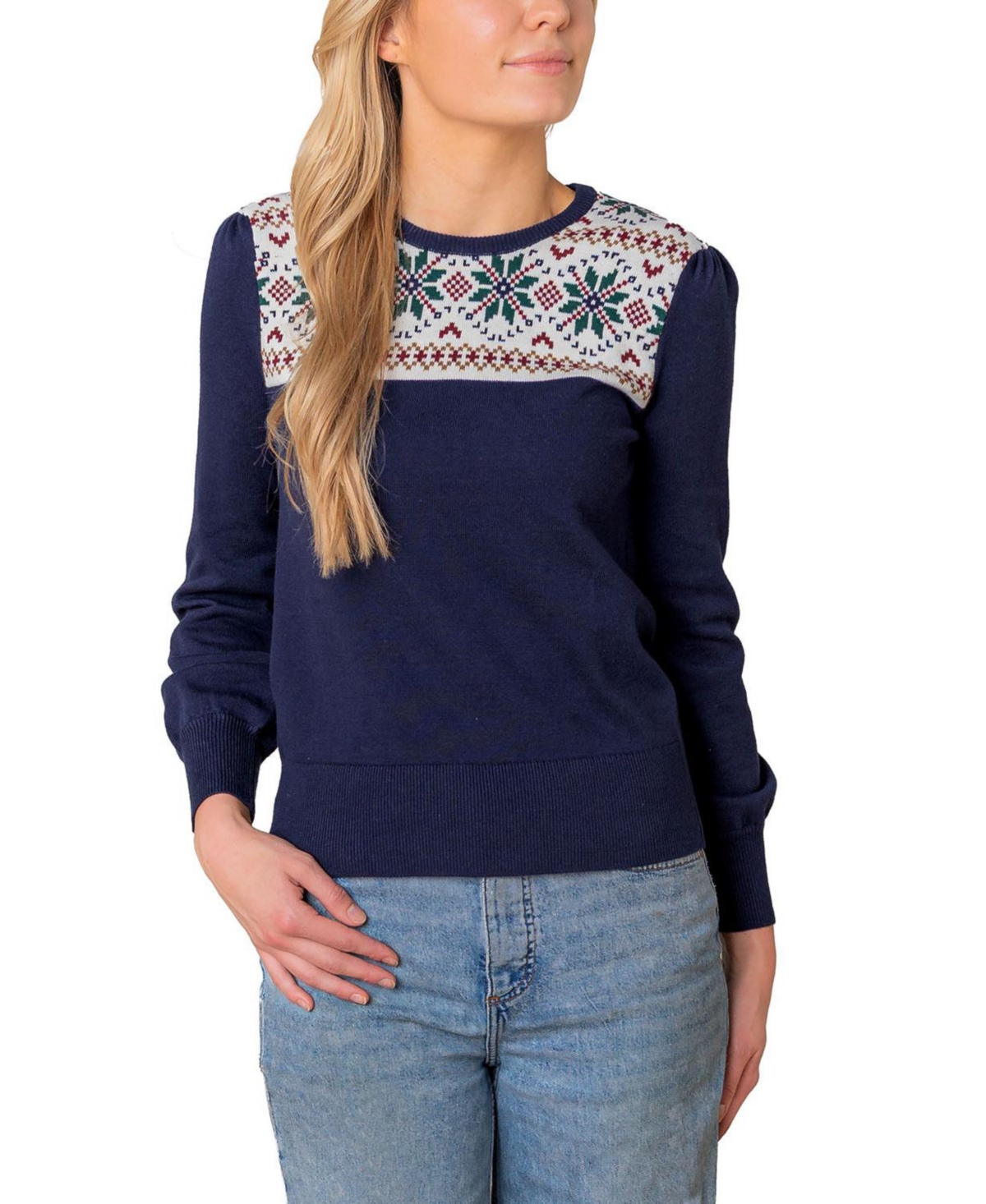 Hope & Henry Women's Organic Fair Isle Puff Sleeve Sweater