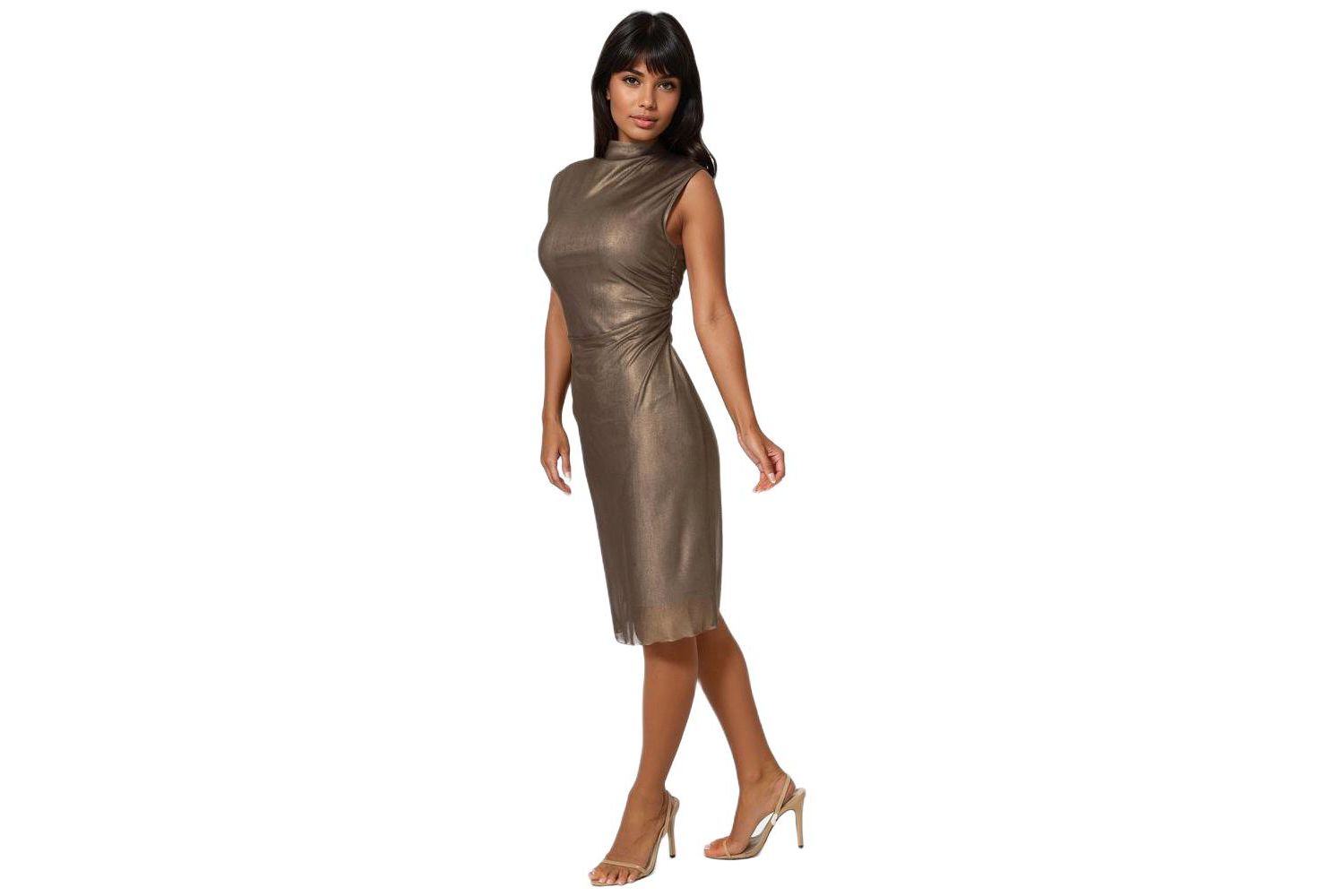 Women's Foil Mesh Drape Neck Shirred Midi Dress