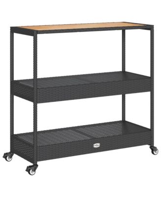 Bar Cart 3-Tier Poly Rattan and Solid Wood Acacia