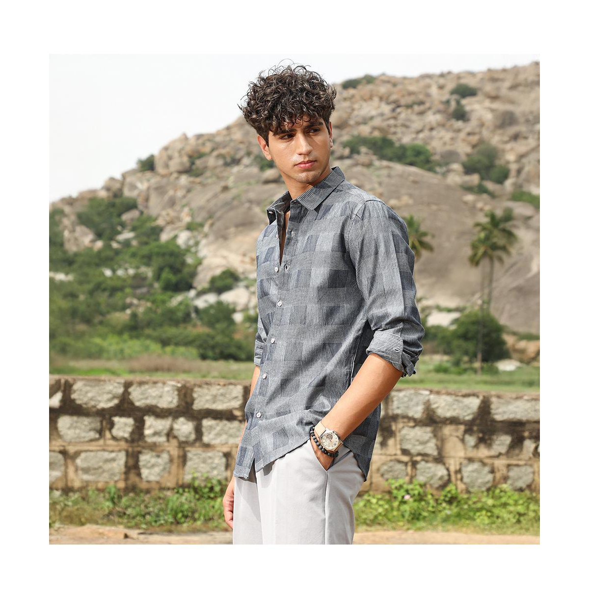 Campus Sutra Men's Moon Grey Buffalo-Jacquard Shirt