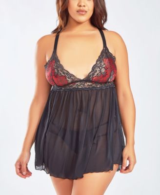 Plus Size Soft Cup Lace Mesh Babydoll Lingerie Set