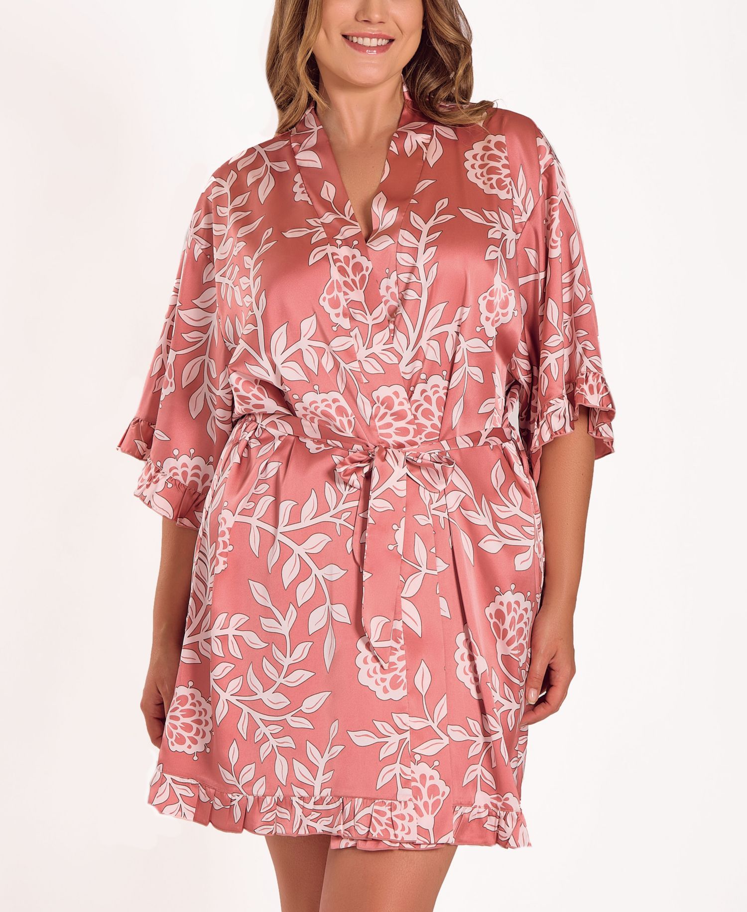 Plus Size Floral Stretch Woven Long-Sleeve Robe