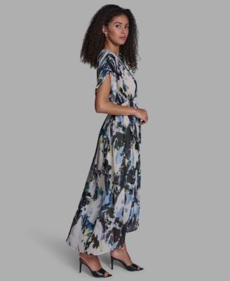 Women's Abstract Print Crewneck Cape Maxi Dress