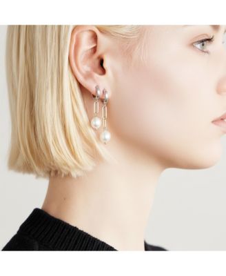 Two-Tone Mismatched Drop Earrings with Silver Huggies, Gold Paperclip Chains & Freshwater Pearls