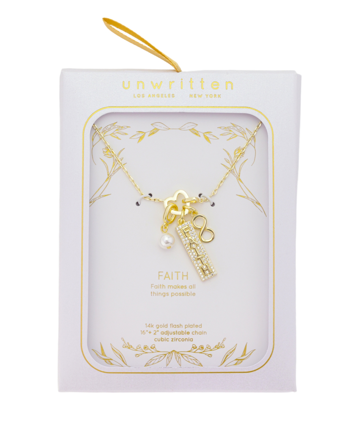 Faith" Cubic Zirconia bar, glass pearl, infinity double heart carabiner charm holder necklace