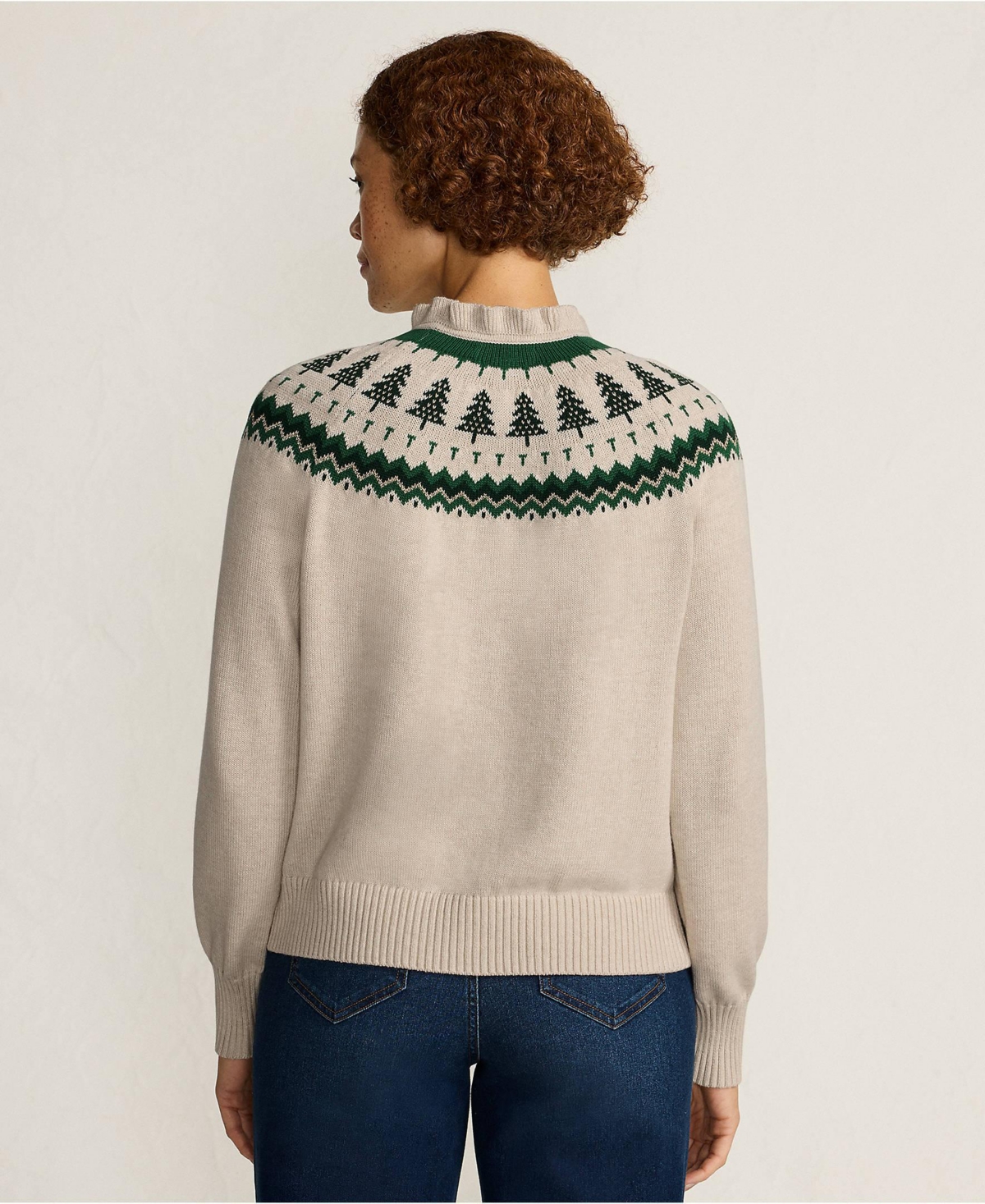 Lands' End Women's Drifter Lurex Ruffle Neck Jacquard Cardigan Sweater