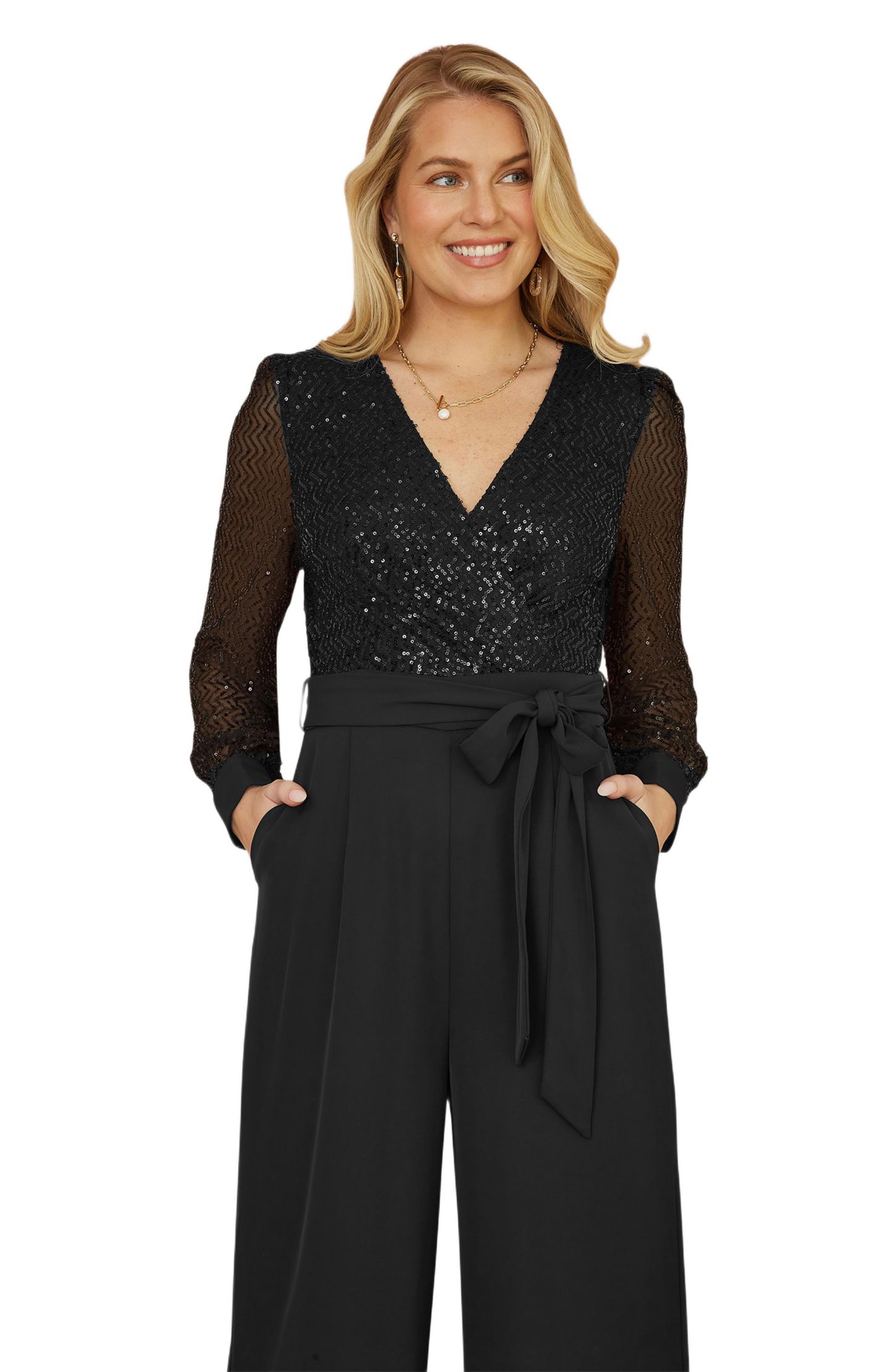 Женский комбинезон Yumi Sequin Wrap Over Jumpsuit, цвет: Чёрный — фото 3