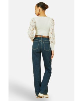 Women's Ribbed Knitted Lace Sleeve Top