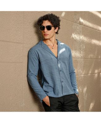 Men's Azure Blue Striped Cuban Shirt