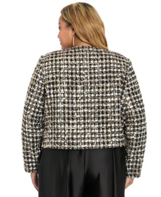 Plus Size Tweed Jewel Neck Jacket with Bow