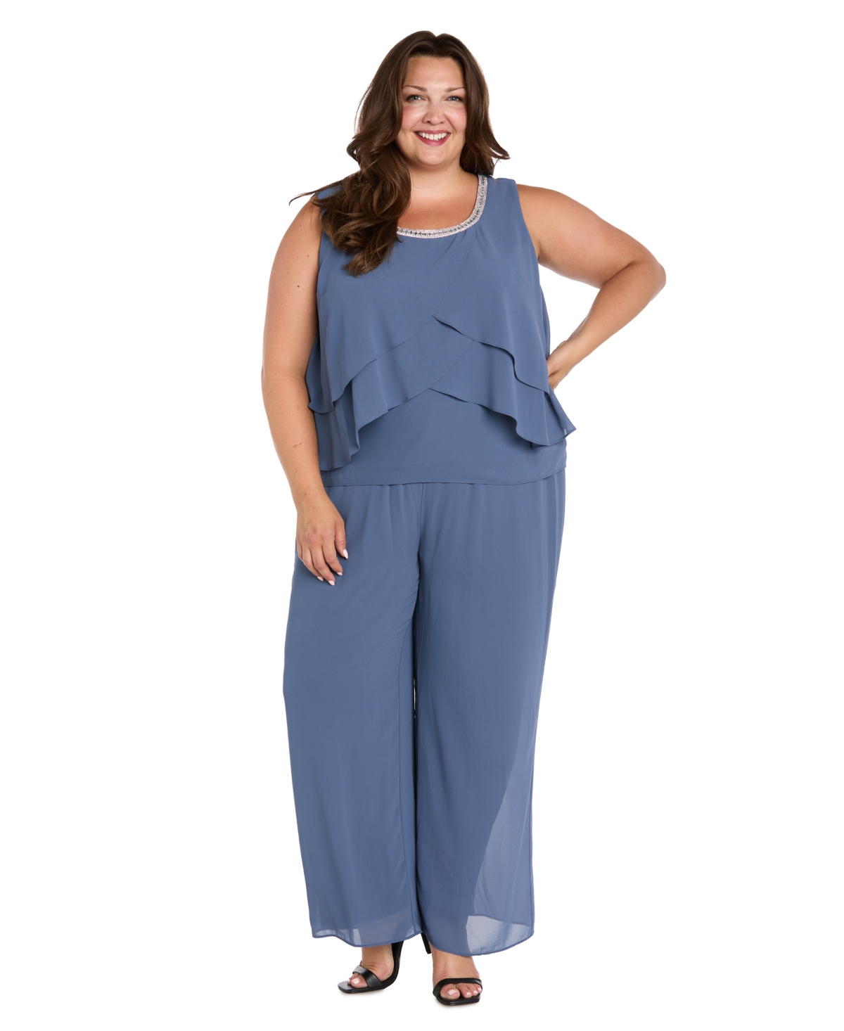 R & M Richards Plus Size Embellished Pants Suit, 3-piece Set In Blue
