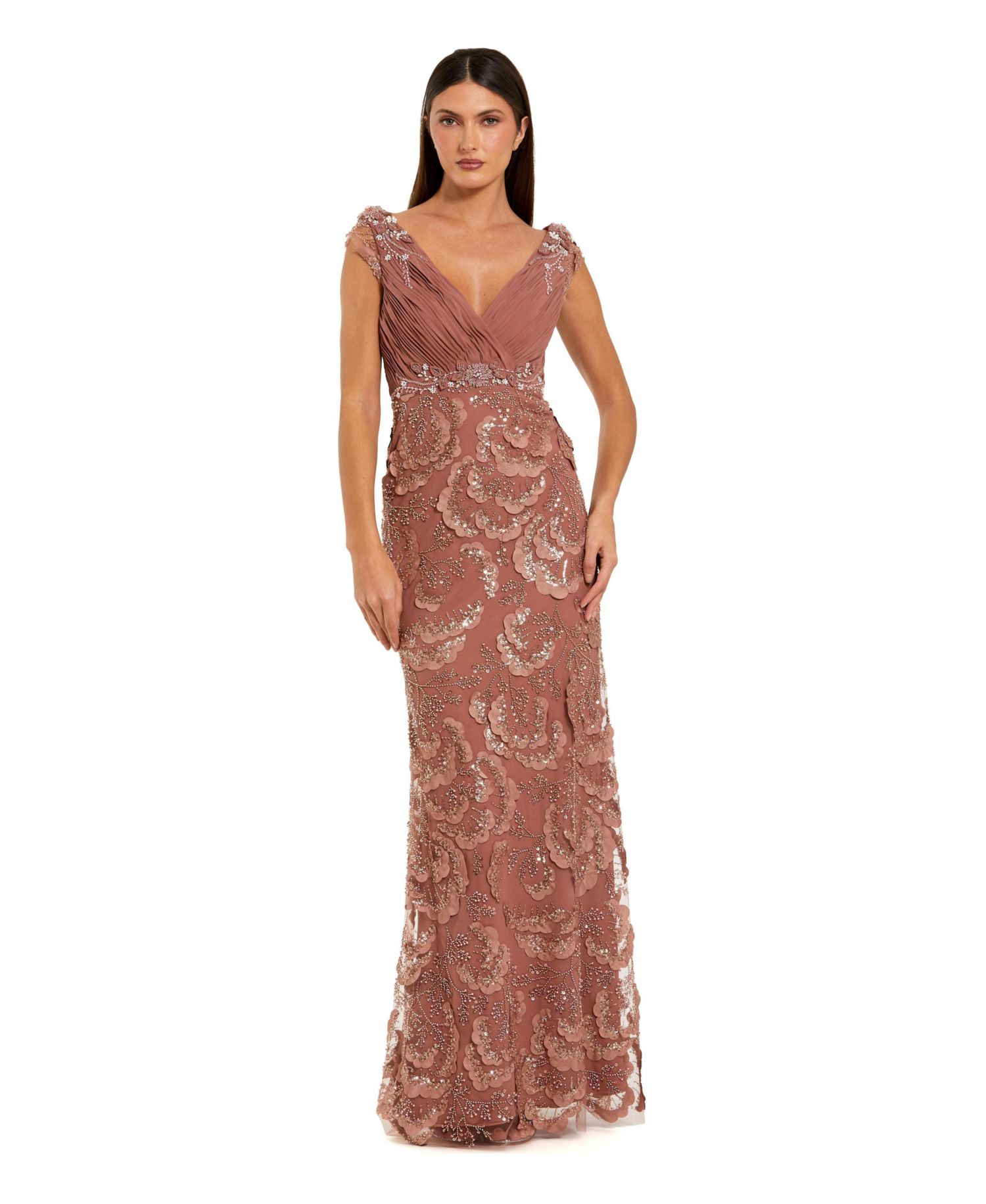 Women's Floral Beaded Chiffon V-Neck Evening Gown