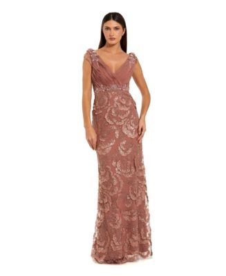 Mac Duggal Women's Floral-Beaded Chiffon V-Neck Gown - Rose - Size 6