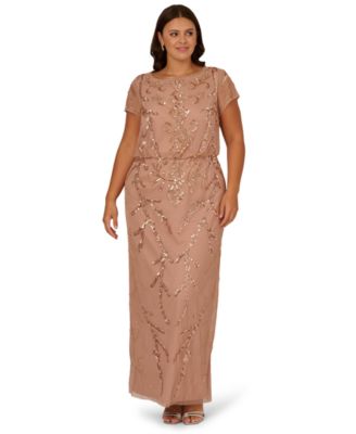 Adrianna Papell - Plus Size Bead Blouson Boat Neck Long Dress