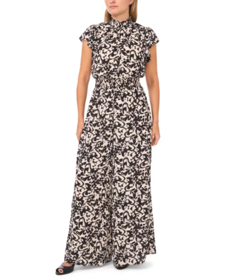 Petite Printed Flutter Short-Sleeve Jumpsuit - Cream/black