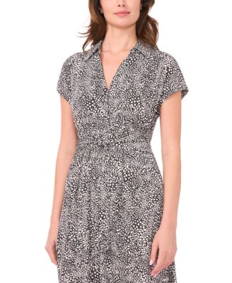Petite Printed Belted Short-Sleeve Midi Shirt Dress