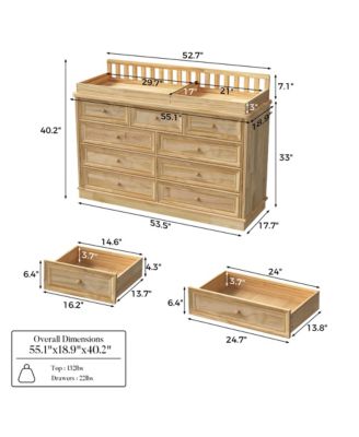 Solid Wood Changing Table with 9 Drawers and Guardrails，Chest of Drawers