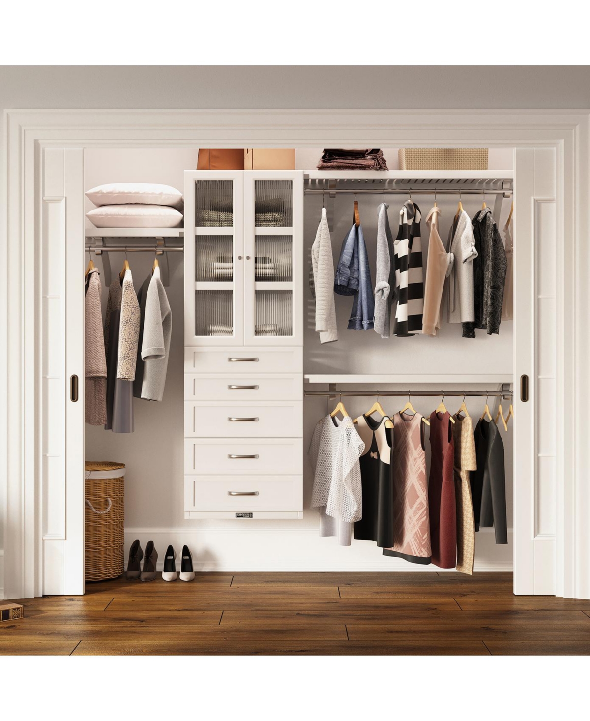Solid Wood Reach-In Closet Organizer with 5 Shaker Style Drawers and Glass Doors