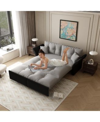 74.8" Queen Size Pull Out Sofa Bed, 3-in-1 Convertible Velvet Loveseat Sleeper with 2 Pillows for Living Room or Guest Room