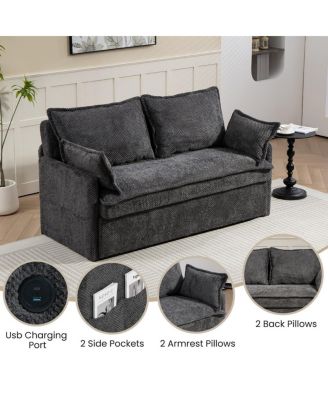 Pull Out Corduroy Sleeper Sofa with USB & Storage, 59.5'' Convertible Loveseat Bed for Small Spaces, Apartment, Bedroom