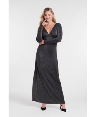 Women's S3 Sculpting Shapewear Shirred V-Neck Long Sleeve Metallic Maxi Dress