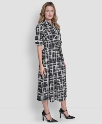 Women's 3/4-Sleeve Collared Neck Cotton Midi Shirt Dress