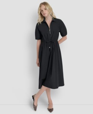 Women's Short-Sleeve Collar Zip Neck Midi Dress