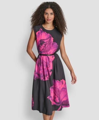 Women's Sleeveless Jewel Neck Fit and Flare Midi Dress